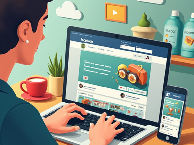 Small business owner managing Facebook marketing on laptop and phone with analytics visible.