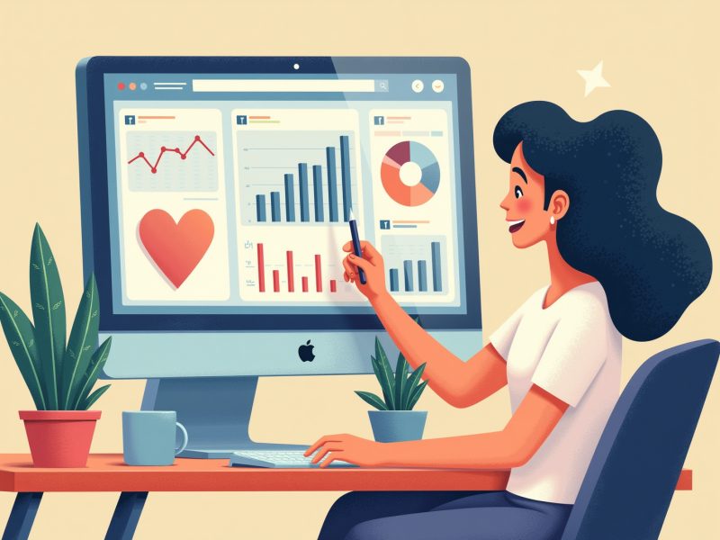 Manager reviewing social media analytics dashboards showing engagement and reach metrics across platforms