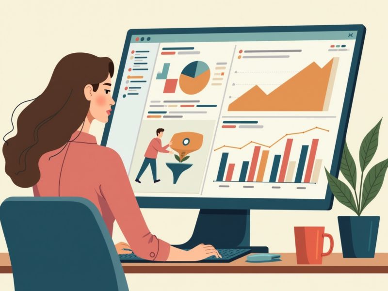 Person analyzing marketing data on a computer screen with graphs and metrics