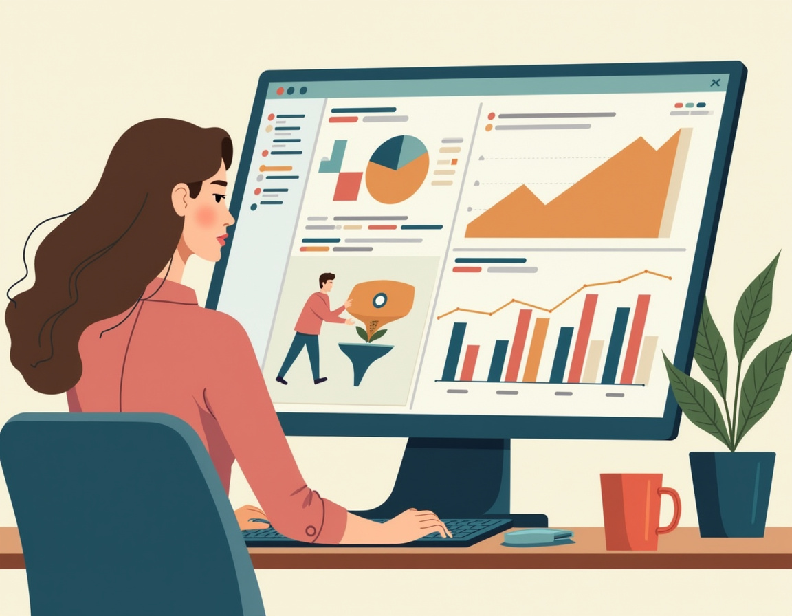 Person analyzing marketing data on a computer screen with graphs and metrics