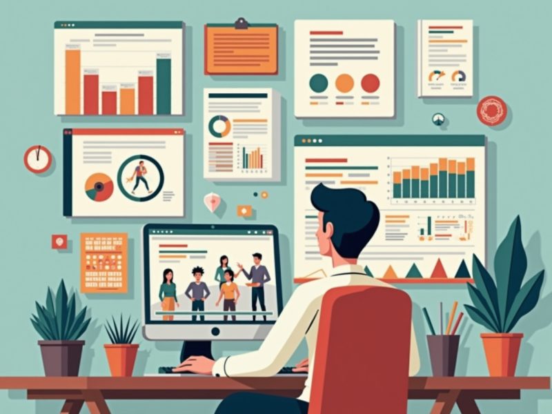 Online marketer reviewing email campaign analytics and audience segments on computer monitors