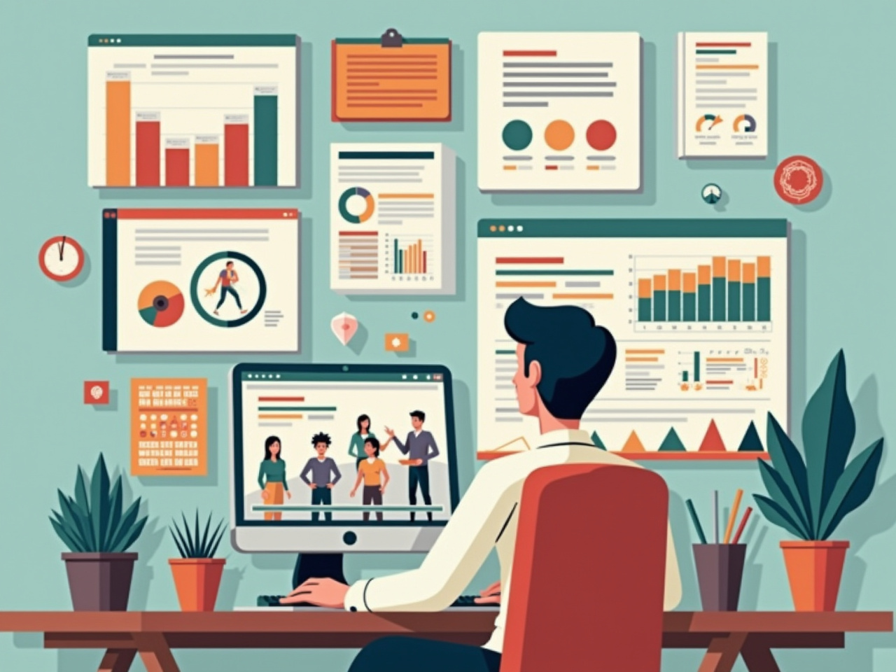 Online marketer reviewing email campaign analytics and audience segments on computer monitors